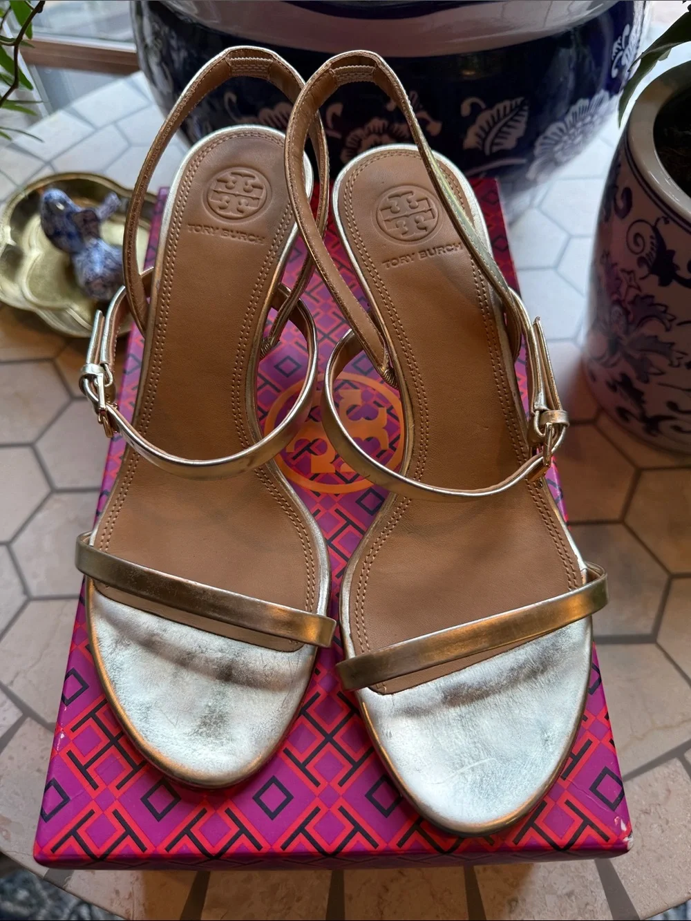 ⭐️ Tory Burch Penelope 65MM Slingback Sandals Mirror Metallic